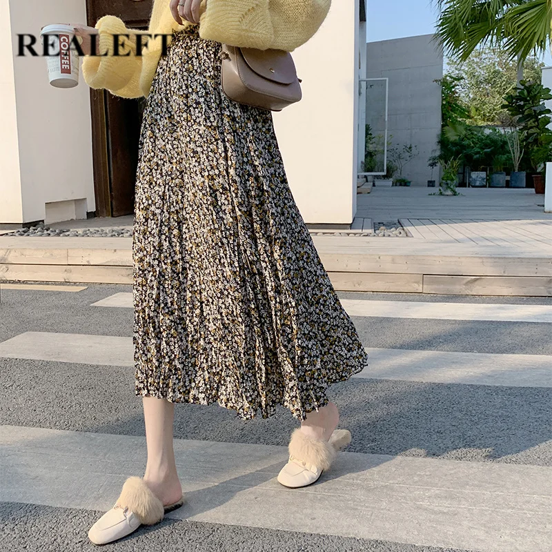 REALEFT Новое поступление весна женские винтажные длинные плиссированные юбки Ретро Цветочный Принт Высокая талия богемные пляжные юбки для женщин