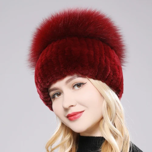 Women's Real Rex Rabbit Fur Winter Hat With Raccoon Fur Flower - Peaked Cap Style - View #4