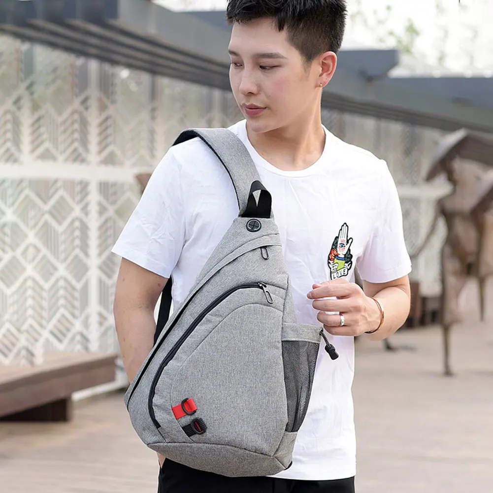 Rucksack Travel Men Crossbody Earphone Hole Small Chest Bag Sling Multi-functional Zipper Camouflage Solid One Shoulder