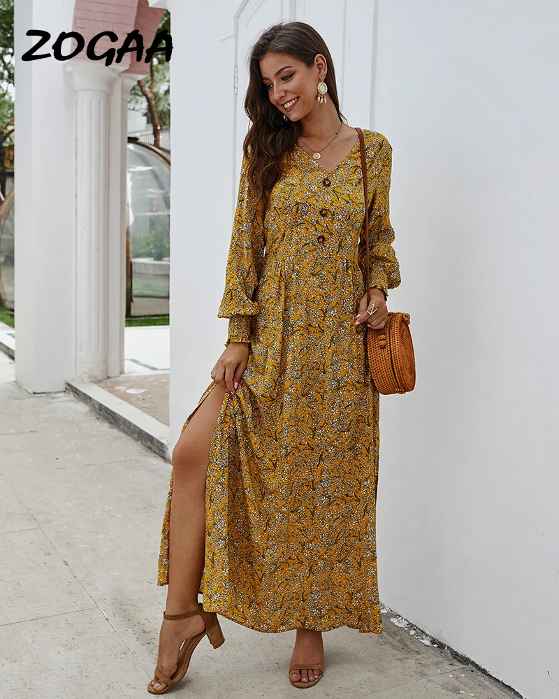 

ZOGAA Vintage Floral Maxi Dress Summer Long A-Line Split Lantern Long Sleeve Spring Elegant Retro Boho Women Vestidos