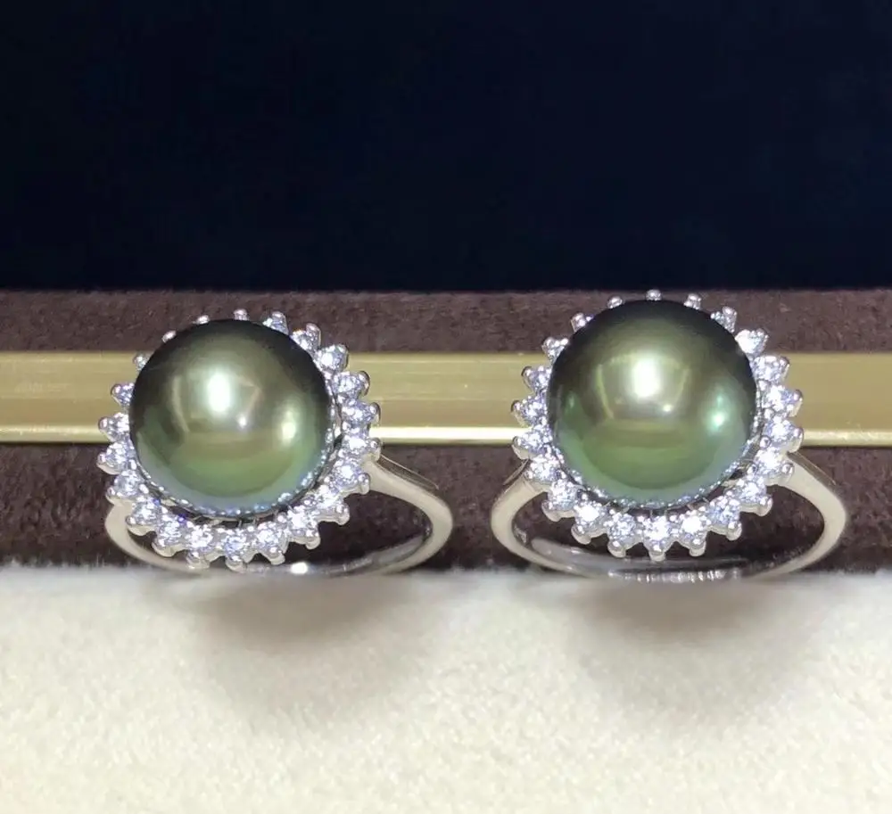 

D316 Fine Jewelry 925 Sterling Silver 10-11mm Natural Fresh Water Peacock Green Black Pearls Rings for Women Fine Pearls Rings