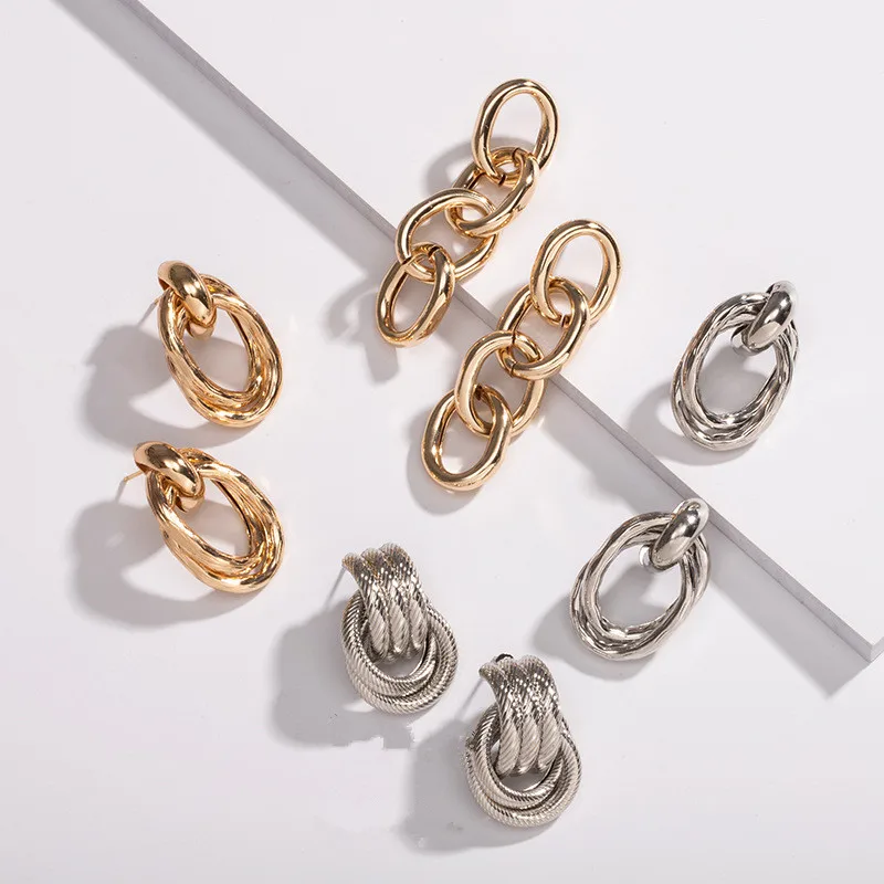 

1Pair Personality Glossy Gold Silver Chain Stud Earrings Female Jewelry Fashion Long Tassel Hollow Round Circle Earrings E288