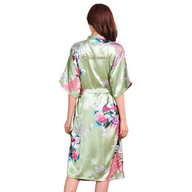 Summer Casual Mid-calf Women Bridesmaid Wedding Robe Exquisite Print Peacock Letter Nightgown Wedding Party Gift Satin Pajamas - Цвет: Green