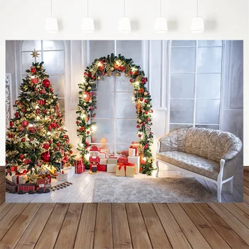 

Christmas Theme Backdrop Christmas tree train Sofa Gift White French windows Photography Backdrop Fro Studio Party Decoration