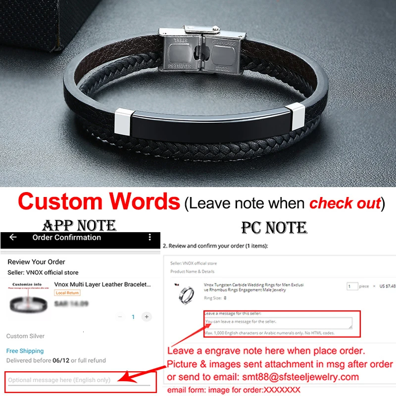 Vnox персонализировать плетеные браслеты из натуральной кожи для мужчин настроить имя слова из нержавеющей стали повседневный мужской браслет - Окраска металла: Custom Black