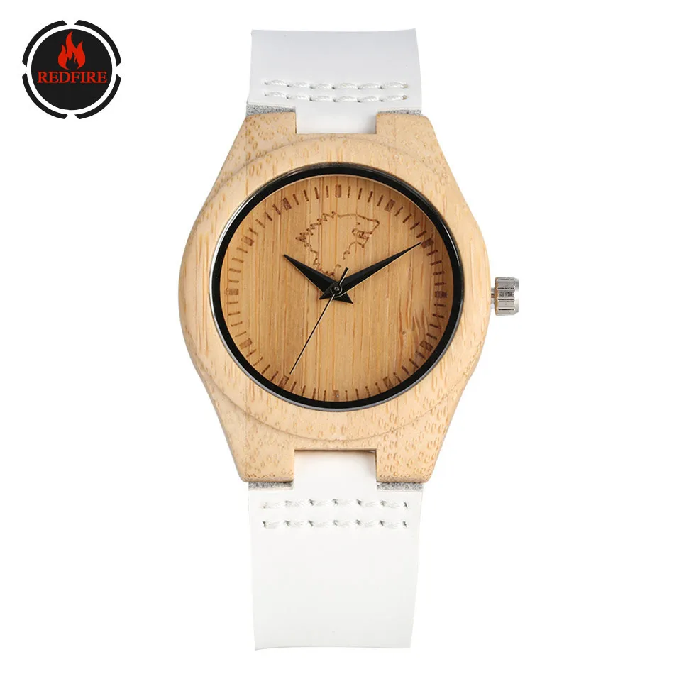 

REDFIRE Engraving Ice Wolf Women Wood Watch Trendy White Genuine Leather Ladies Wristwatch Quartz Natural Wooden Timepiece