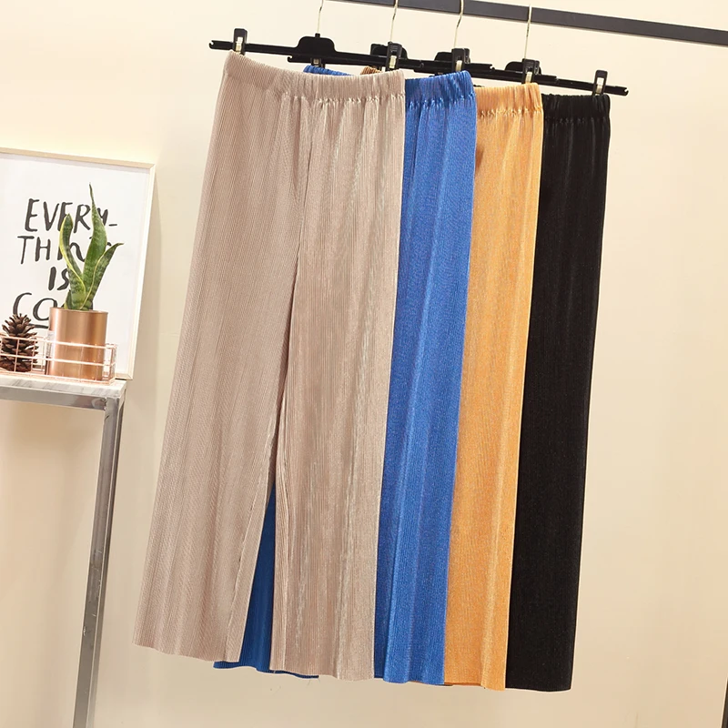 

Plus Size Pleated Chiffon Pants Women's Pants Summer Autumn Casual Trousers Wide Leg Pants Elastic Waist Loose Beach Pants