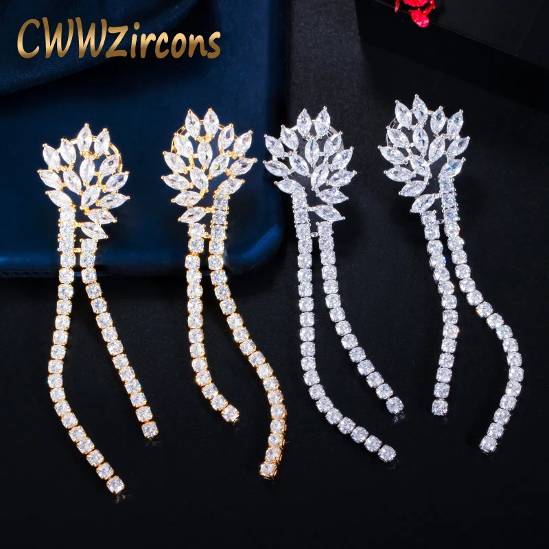 

CWWZircons Sparkling White Cubic Zircon Long Dangle Tassel Drop Earrings Dubai Indian Gold Color Women Wedding Jewelry CZ777