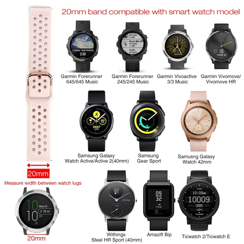 Для Garmin Vivoactive 3 ремешок для часов 20 мм силиконовый водонепроницаемый ремешок для часов samsung Galaxy 42 мм/Активный 40 мм 1/2