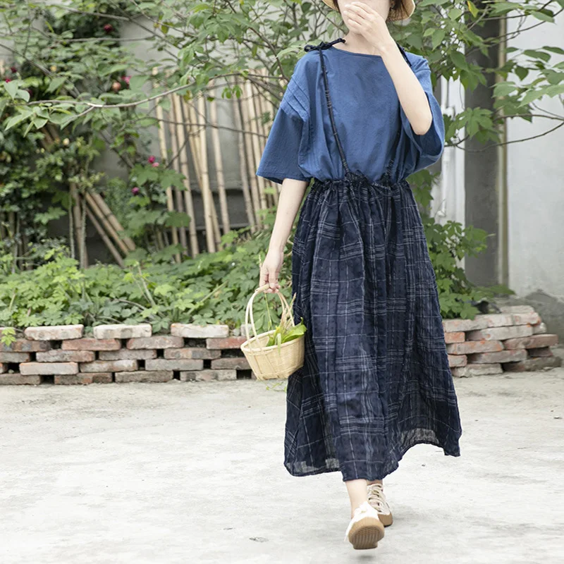 Johnature-faldas Vintage de lino y algodón para mujer, faldas con cintura elástica a cuadros, color azul marino, originales, Otoño, 2021 - AliExpress Ropa mujer