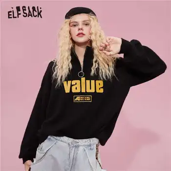 

ELFSACK Black Letter Jacquard Korean Women Knit Pullovers Sweater,2020 Autumn Zipper Full Sleeve Casual Girly Basic Daily Top
