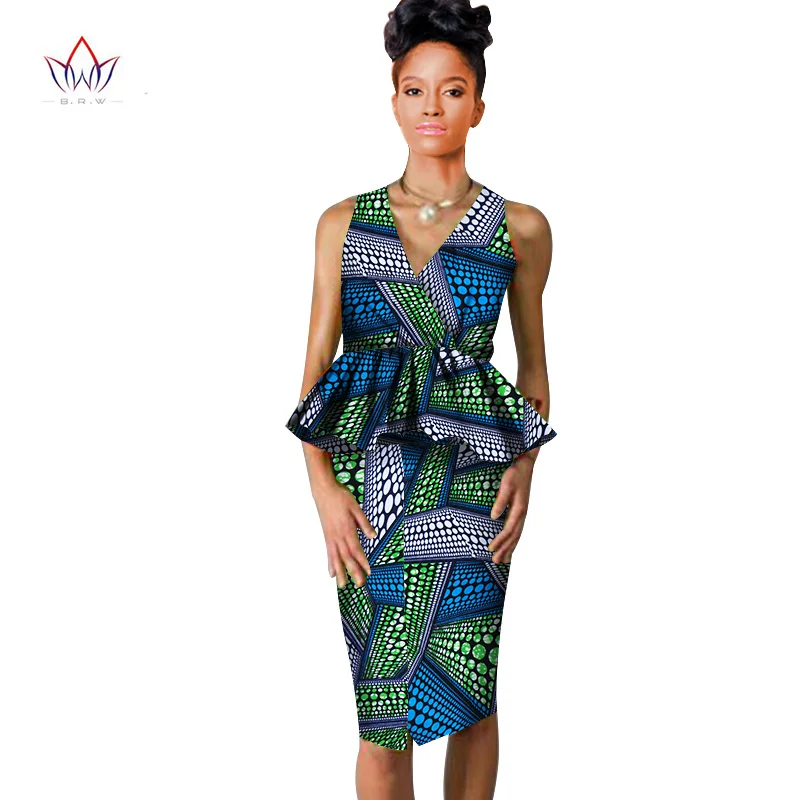 african dresses for women Dashiki v-neck skirt set sexy& club Bazin Riche africa print knee-length dress cotton 6xl BRW WY804 - Цвет: 29