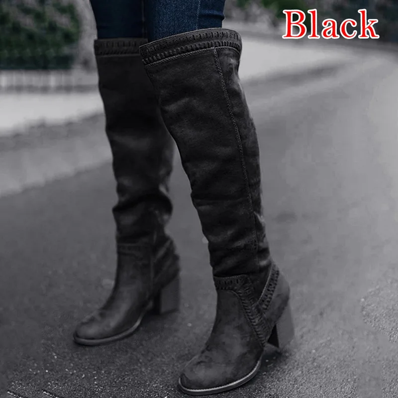 WENYUJH/женские высокие сапоги до колена на молнии ботинки с перфорацией удобная женская обувь на не сужающемся книзу массивном каблуке; сезон осень-зима Bota Feminina - Цвет: Black