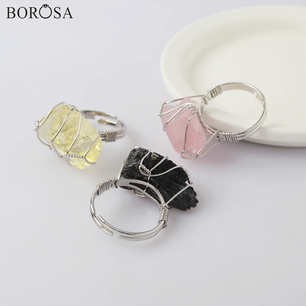 

BOROSA 10Pcs Silver Plated Wire Wrap Multi-kind Stone Adjustable Ring for Women, Fashion Drusy Gems Jewelry Party Rings WX1866