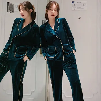 

Fashion Pajamas For Women Two-piece Autumn Gold Velvet Long-sleeve Cardigan Button Pocket Top Pants Loose Casual Home Sleepwear