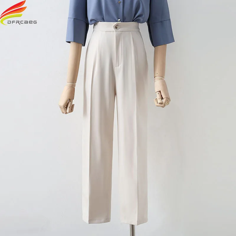 

New 2021 High Elastic Waist Beige Or Black Ankle-Length Pants Women Korean Style Office Wear Women Suits Pants Ladies Trousers