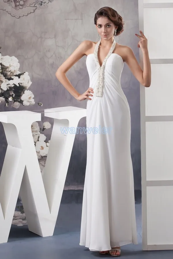 

free shipping 2013 new design formal gown floor-length beading halter custom size/color white chiffon long bridesmaid dresses