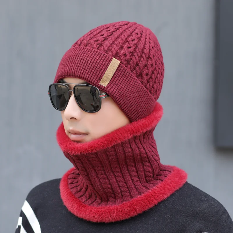 Мужские вязаные зимние хлопковые теплые и удобные кепки плюс толстый бархат унисекс череп для мужчин лыжная маска шапки шарф Шапочка - Цвет: Hat scarf red