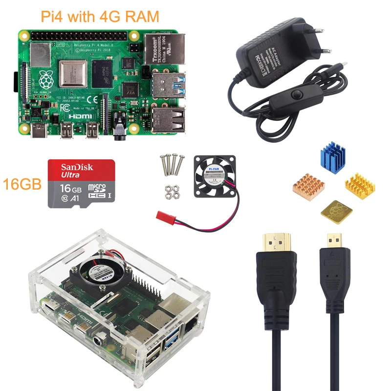 Raspberry Pi 4 Модель B 4G комплект+ 5V 3A Мощность адаптер+ акриловый чехол+ вентилятор охлаждения+ кабель HDMI+ теплоотвод+ 16/32G SD Card дополнительно