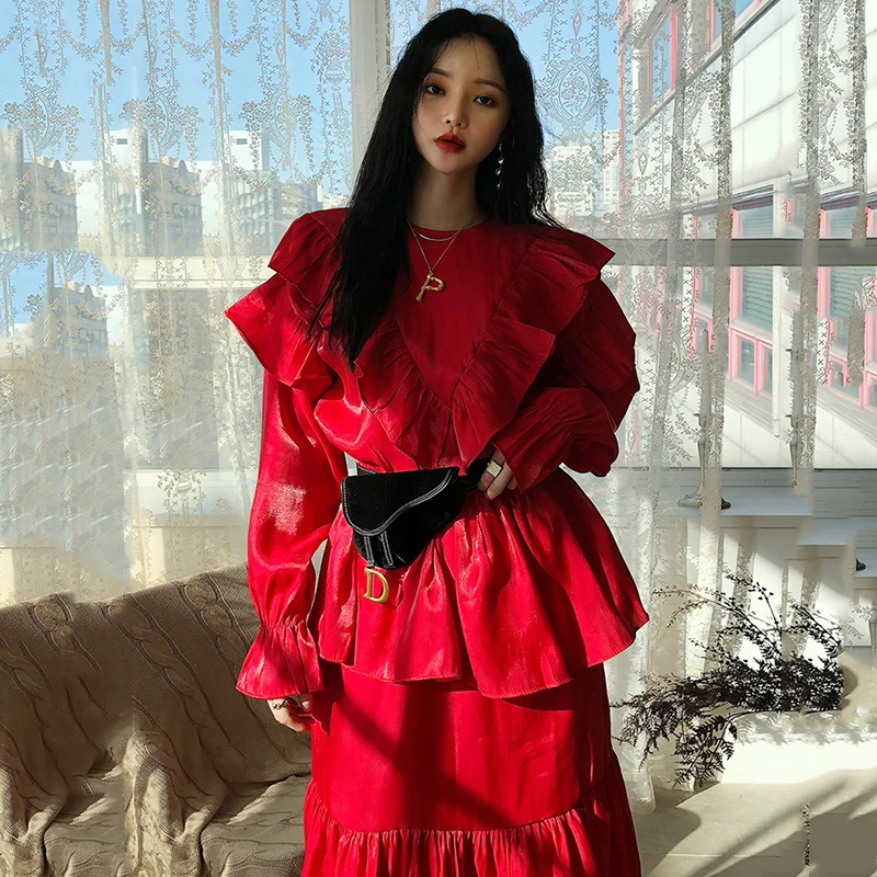 SHENGPALAE, новинка, весеннее шикарное платье с круглым вырезом, кромкой в виде листа лотоса, свободное глянцевое винтажное красное нарядное платье, длинное женское платье A918
