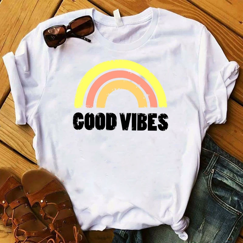 

Women Lady T Shirt Good Vibes Rainbow Printed Tshirt Ladies Short Sleeve Tee Shirt Women Female Tops Clothes Graphic T-shirt