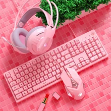 LED Backlight Gaming Keyboard Mouse Combos Cute Pink Wired USB Keyboard 3200DPI Macros Programming Mice Noise Reduction Headset