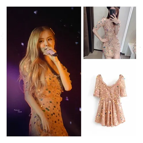 Kpop Blackpink Rose в Корейском стиле, лето, розовое платье с квадратным воротником, женские уличные кружевные платья с блестками и высокой талией, сексуальные платья
