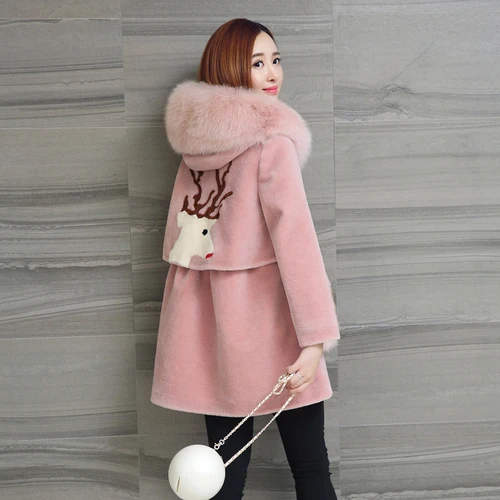 Autumn Winter Coat Women Clothes Fox Fur Hooded Wool Jacket Real Fur Coat Sheep Shearling Korean Tops Suede Lining ZT3665 - Color: pink
