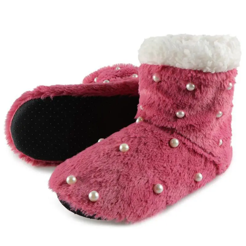 

Womens Winter Home Bootie Slippers Faux Pearl Beaded Fuzzy Plush Indoor Shoes C6UD
