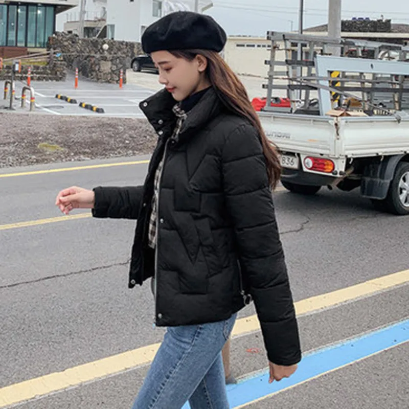 Новинка, осенне-зимняя короткая парка для женщин, приталенное плотное пальто со стоячим воротником, женское повседневное пальто с длинным рукавом на молнии, куртки с хлопковой подкладкой