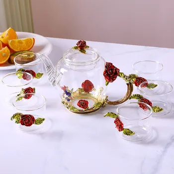 

Creative Flower Glass Teapot and Cup Set Crystal Glass Kung Fu Tea Cup Set for Hot Beverage Tea Juice For Household Office Rose