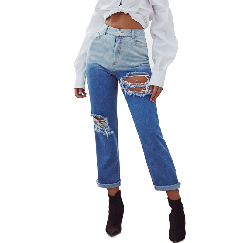 

2020 New Arrived Contrast Color Straight Ripped HAole Jeans Woman High Waist Patchwork Vintage Denim Pants Trousers For Women