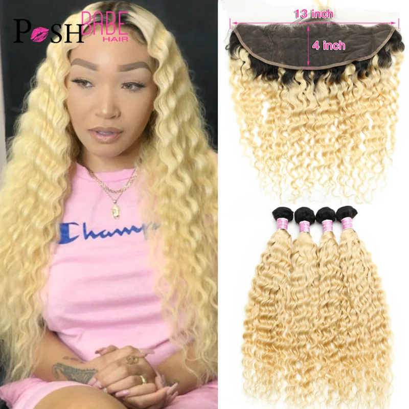1B 613 13x4 Frontal with Brazilian Hair Weave Bundles 8 - 30 Inch Remy Ombre Blonde Human 3 4 Closure | Шиньоны и парики