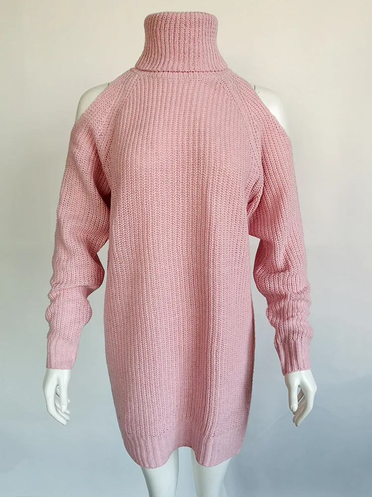 Новинка Осень Зима Водолазка с открытыми плечами вязаный свитер платье для женщин однотонный тонкий свитер платье размера плюс длинный свитер платье