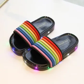 

Kids Slippers Summer New LED Flashing Lights Jelly Rainbow Word Drag Sandals Soft Bottom Fish Mouth and Sandals Beach Slippers