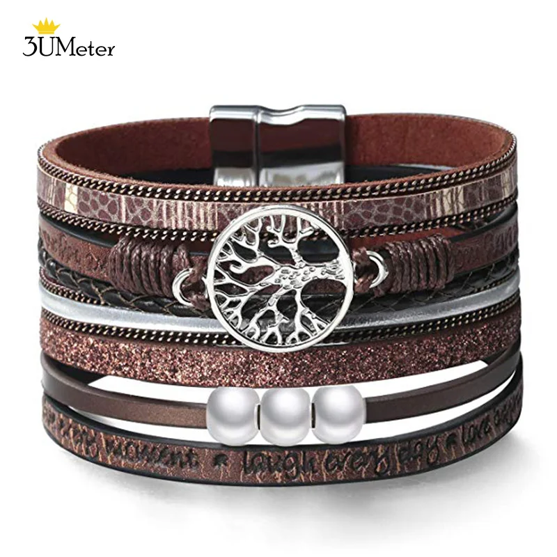 Leather Bracelet Многослойный кожаный Браслет-манжета ручной работы в стиле бохо, дерево жизни, Кожаный Браслет-манжета/браслет, ювелирные изделия для женщин, девушек, дам, 5 цветов - Окраска металла: Leather Bracelet