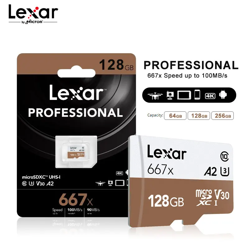 Карта памяти Lexar Professional 667x 64 ГБ A2 высокая скорость 100 МБ/с. V30 класс 10 карта Mirco SD 128 256
