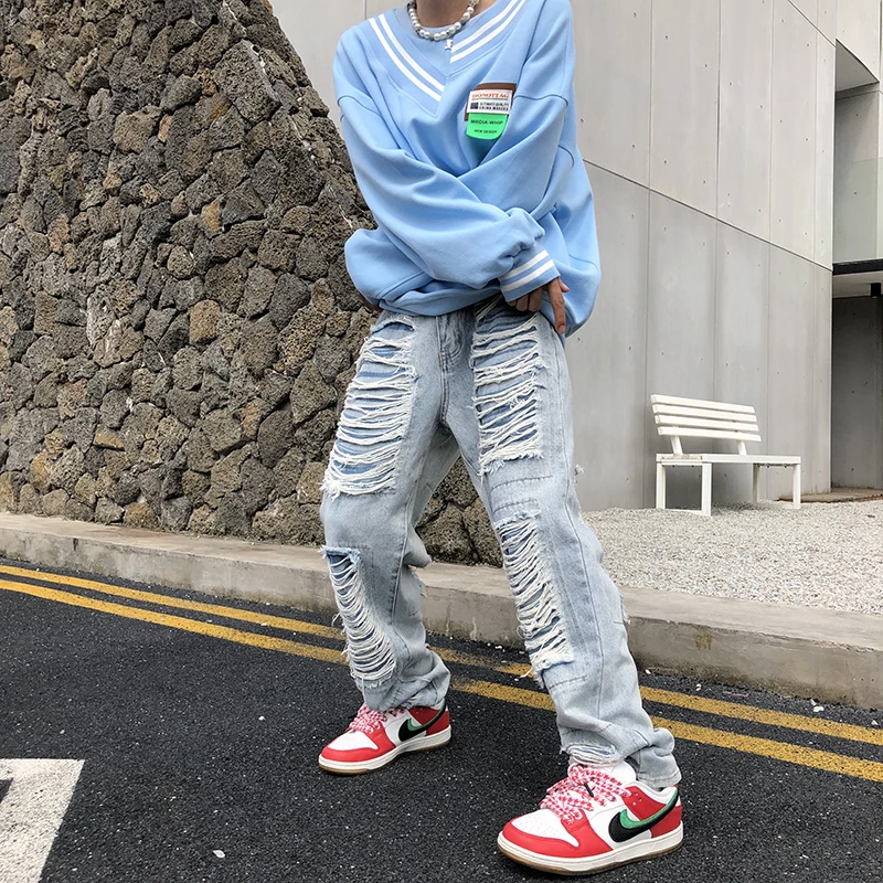 Men's baggy straight jeans with holes men - AliExpress Men's Clothing