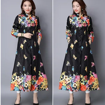 

2020 New National Wind Spring Autumn Long Trench Coat Women Long Sleeve Cardigan Vintage Print Windbreaker Female Outerwear