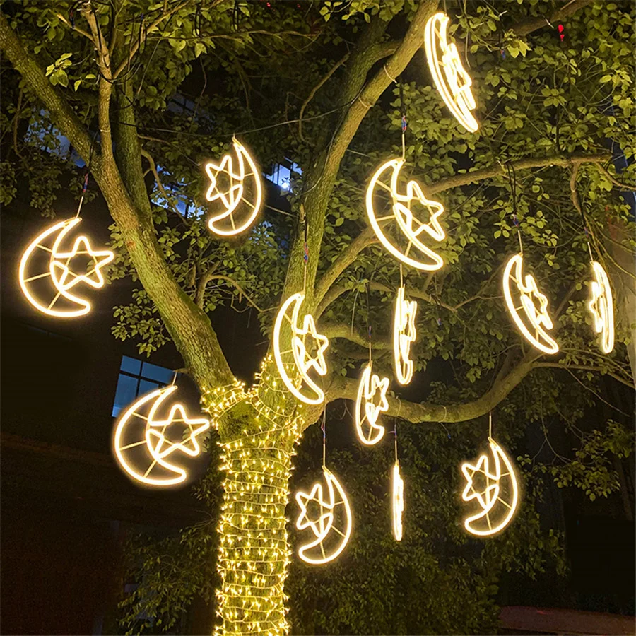 thumbnail image 5 of Guirnalda de luces navideñas con forma de estrella y luna de neón para exteriores, jardín, patio, parque, plaza, árbol, lámpara colgante para bodas, fiestas, paisajes, 5 of 5