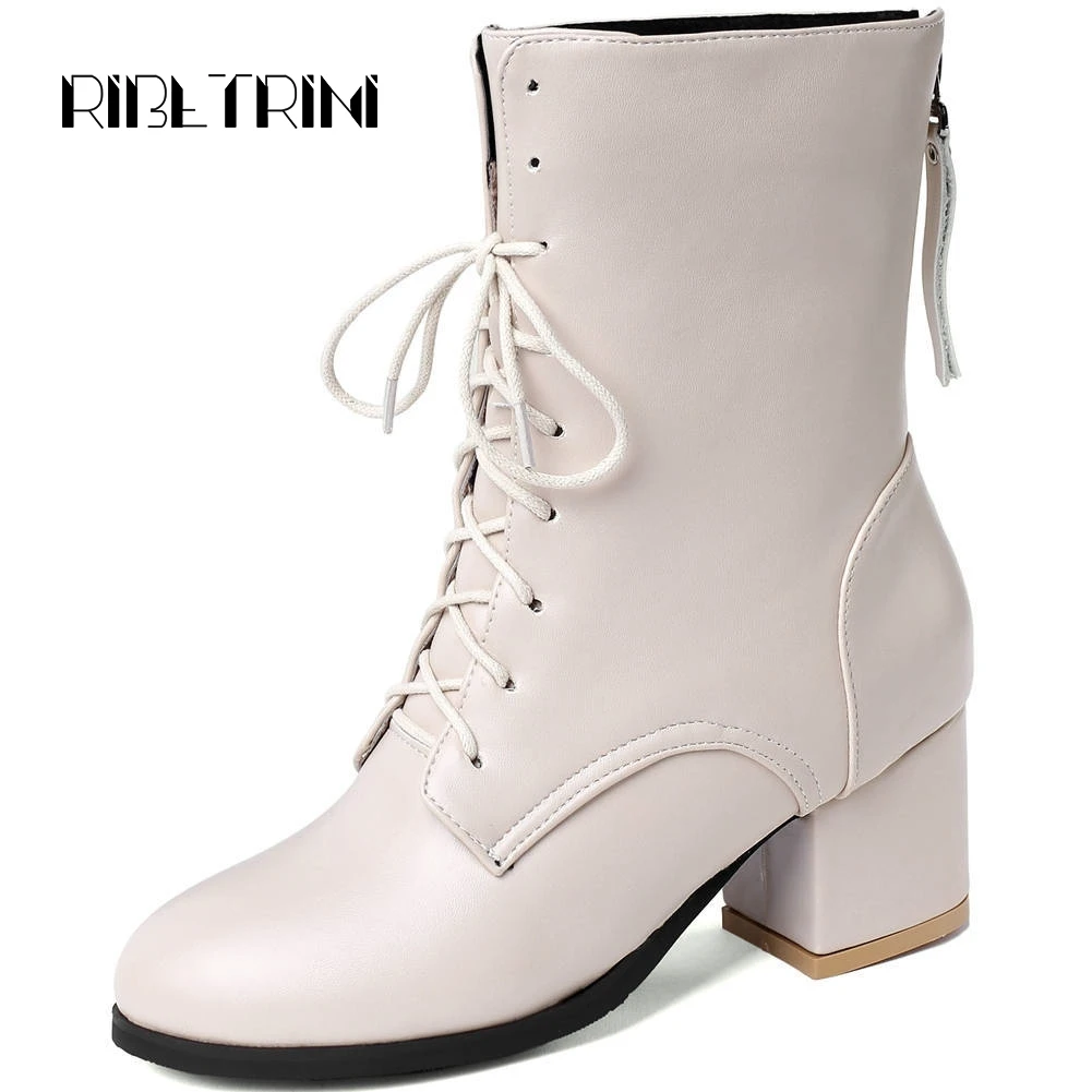 

RIBETRINI Chelsea Boots For Women 2019 Front Lace Up Back Zip Block Heel Shoes Woman Less Platform Chelsea Motorcycle Boots