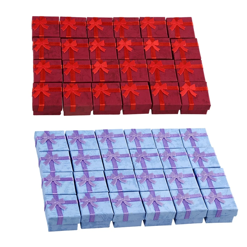 

48 Pcs Ring Earring Jewelry Display Gift Box Bowknot Square Case Red & Purple