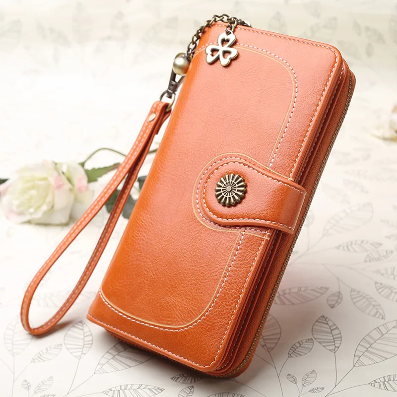 Модный Ретро кошелек женский длинный масло воск кожи муфта большой емкости сумка для мобильного телефона женский кошелек, кожаный кошелек - Цвет: orange