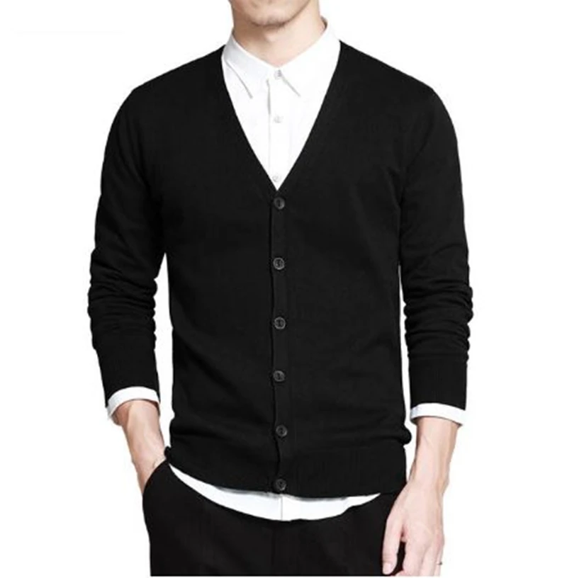 New Cotton Sweater Men Long Sleeve Cardigan Mens V-Neck Sweaters Loose Solid Button Fit Knitting Casual Style Clothing J765 - Цвет: Black01