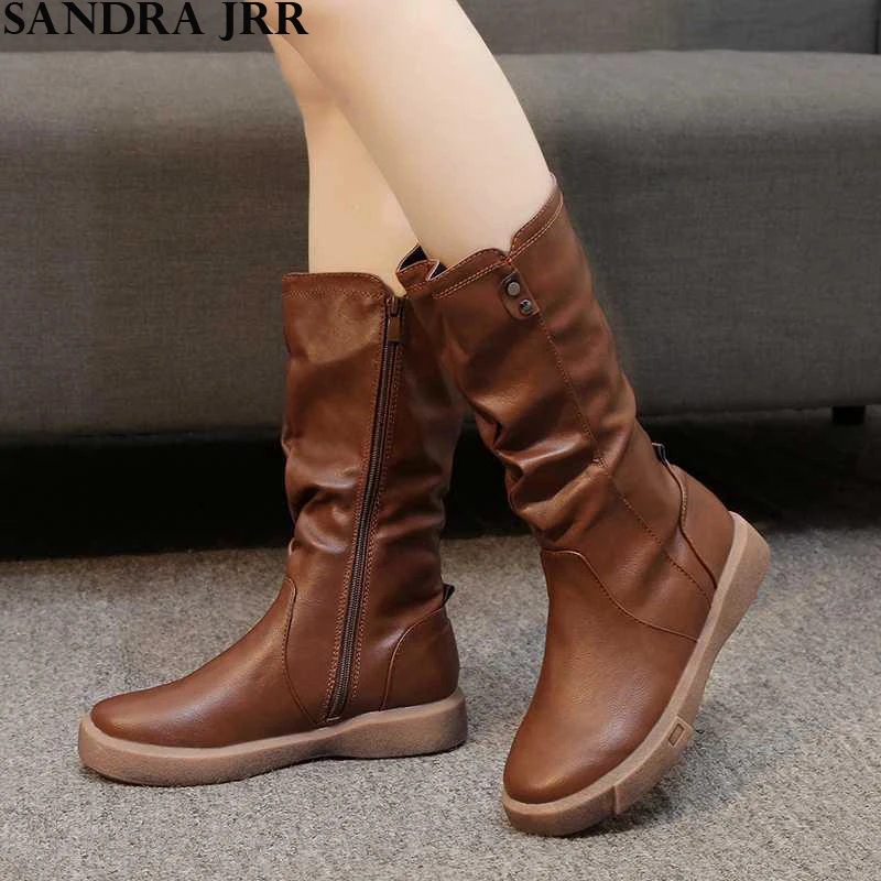 

SANDRA JRR 2020 Spring Winter Boots Plus Size 42 Round Toe Mid Calf Size Zip Leather Boots Mid Square Heel Female Casual Shoes