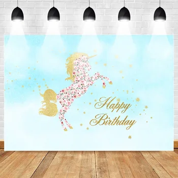 

Mehofoto Floral Unicorn Backdrop for Photography Happy Birthday Background for Party Banner Decoration Blue Gold Glitter Unicorn