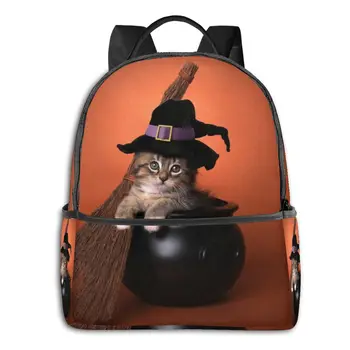 

Women Men canvas Backpacks Classical Simple School bag Halloween Witch Themed Kitten Student book Laptop Back pack travel bag