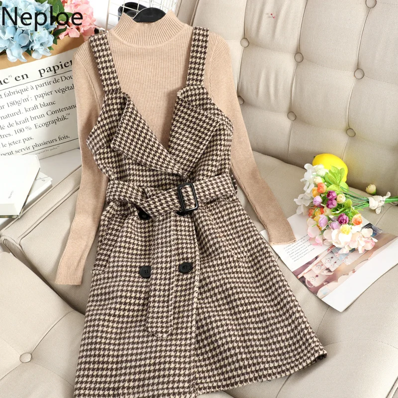 Neploe на осень зиму Высокий воротник Slim Fit нижние вязаный свитер Приталенное кружевное платье в клетку двубортное платье На Бретельках Линия Pull Femme Ropa