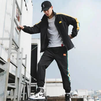 

2020 Men's Sports Suits Loose comfortable Casual Jacket+Sports Pants 2PCS Suit Autumn Zipper black Fashion jogging Track Suit