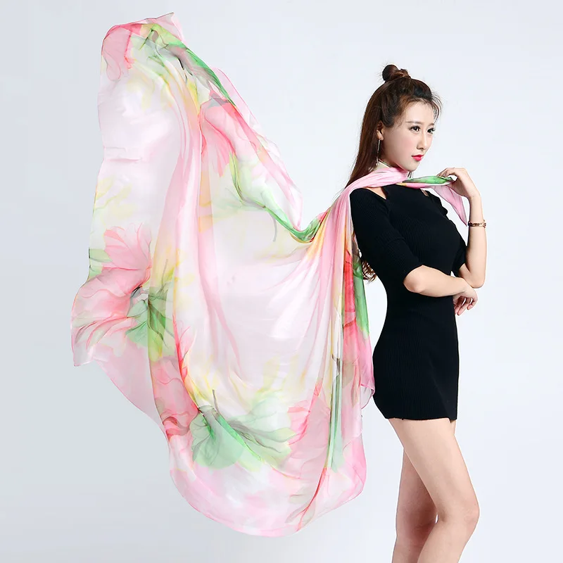 

2017 Elegant Imitated Silk Fabric Chiffon Scarf Shawl Sun-resistant Silk Scarves Seaside Beach Towel Versatile Flower Figure
